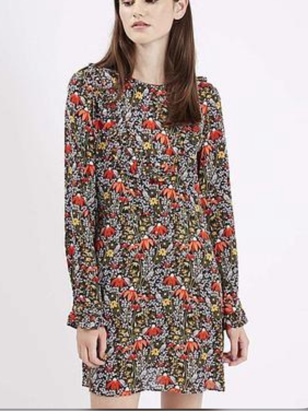 Topshop Floral Ruffle Long Sleeve Boho Retro Mini Dress Size 8